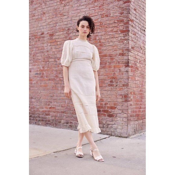 Sea New York Poppy Pintuck Midi Dress Ivory Lace Ruffle Puff Sleeve XS
